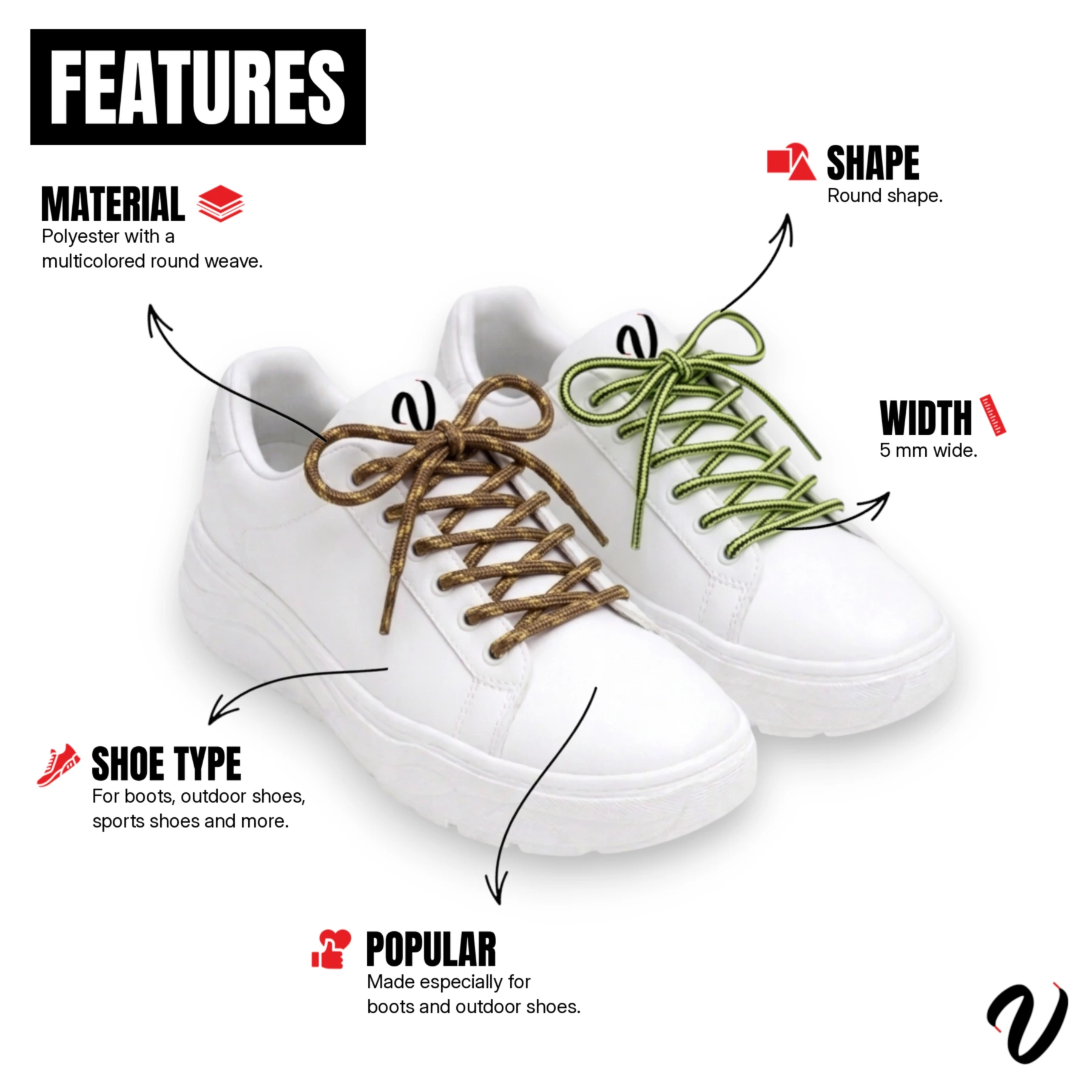 Round Outdoor Laces - Black And White